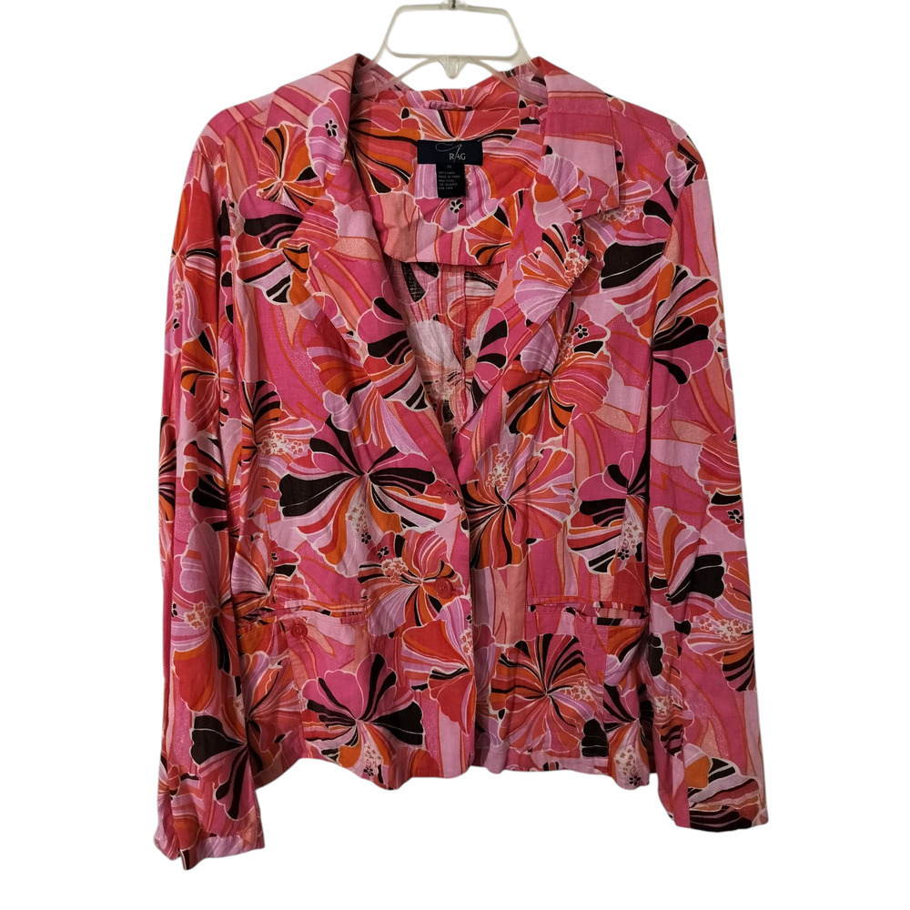 3372) Rag Linen Pink Floral Print Button Up Long Sleeve Jacket Top Size XL